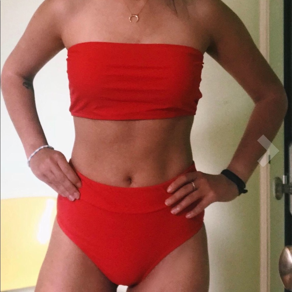 Red bandeau bikini set.